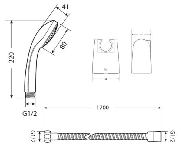 JIKA RIO sprchová súprava 3-dielna, ručná sprcha pr. 100 mm, hadica, držiak, chróm/nerez H3651R00041001 Technický nákres