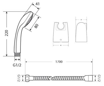 JIKA RIO sprchová súprava 3-dielna, ručná sprcha pr. 100 mm, hadica, držiak, chróm/nerez H3651R00041001 Technický nákres