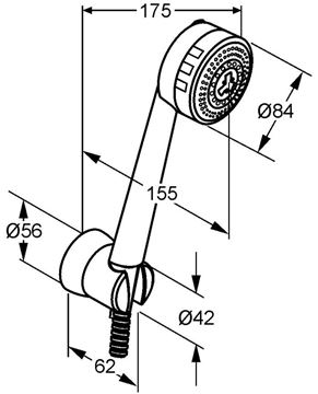 KLUDI ZENTA 2S sprchová súprava 3-dielna, ručná sprcha pr. 84 mm, 2 prúdy, hadica, držiak, chróm 6075005-00 Technický nákres