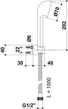 RAF sprchová súprava 3-dielna, ručná sprcha pr. 70 mm, hadica, držiak, chróm SK101 Technický nákres