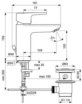 CONCEPT 200 umývadlová stojanková batéria, s odtokovou súpravou, chróm BC583AA Technický nákres
