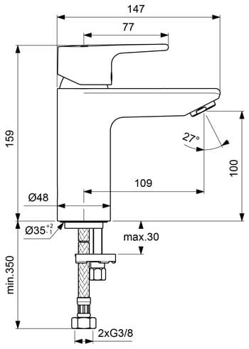 CONCEPT 200 umývadlová stojanková batéria, chróm BC584AA Technický nákres