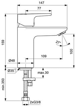 CONCEPT 200 umývadlová stojanková batéria, chróm BC584AA Technický nákres