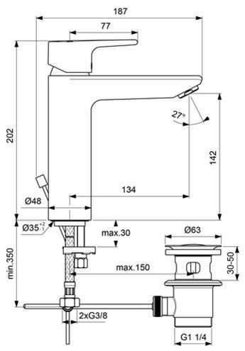 CONCEPT 200 GRANDE umývadlová stojanková batéria, s odtokovou súpravou, chróm BC642AA Technický nákres