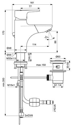 CONCEPT 200 umývadlová stojanková batéria, s odtokovou súpravou, vyťahovacia koncovka, chróm BC586AA Technický nákres