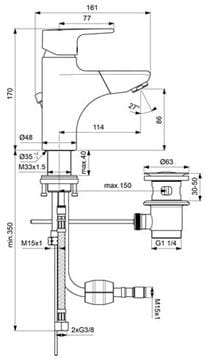 CONCEPT 200 umývadlová stojanková batéria, s odtokovou súpravou, vyťahovacia koncovka, chróm BC586AA Technický nákres