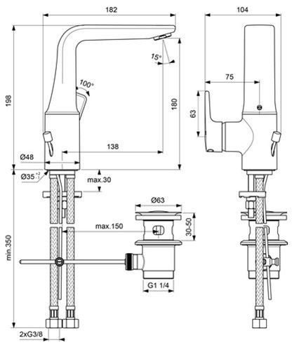 CONCEPT 200 umývadlová stojanková batéria, s odtokovou súpravou, chróm BC587AA Technický nákres