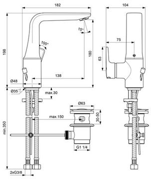 CONCEPT 200 umývadlová stojanková batéria, s odtokovou súpravou, chróm BC587AA Technický nákres