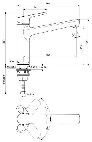 CONCEPT 200 drezová batéria, chróm BC597AA Technický nákres