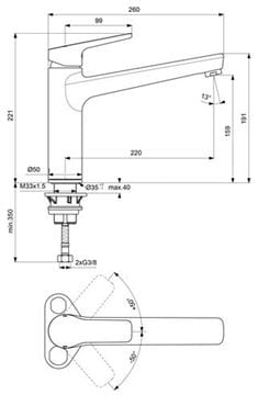 CONCEPT 200 drezová batéria, chróm BC597AA Technický nákres