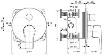 CONCEPT 200 vaňová podomietková batéria, s prepínačom, chróm A7306AA Technický nákres
