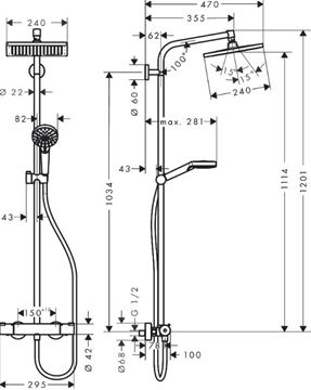 HANSGROHE CROMETTA E SHOWERPIPE GREEN 240 sprchový set s termostatickou batériou, horná sprcha, ručná sprcha s 2 prúdmi, EcoSmart, chróm 27281000 Technický nákres