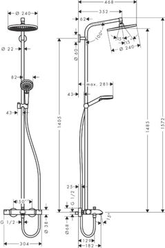 HANSGROHE CROMETTA S SHOWERPIPE 240 vaňová termostatická batéria, s hlavovou a ručnou sprchou, chróm 27320000 Technický nákres