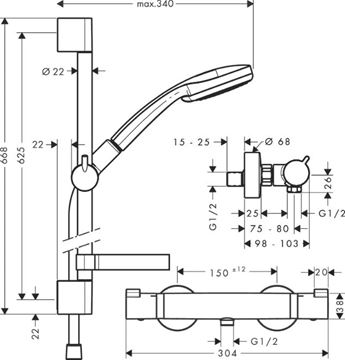 HANSGROHE CROMA 100 VARIO sprchový set s termostatickou batériou, ručná sprcha so 4 prúdmi, tyč, hadica, EcoSmart, chróm 27032000 Technický nákres