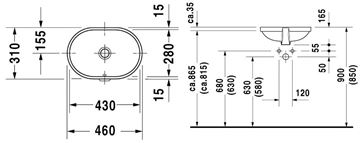 DURAVIT umývadlo 43 cm, s prepadom 0336430000 Technický nákres
