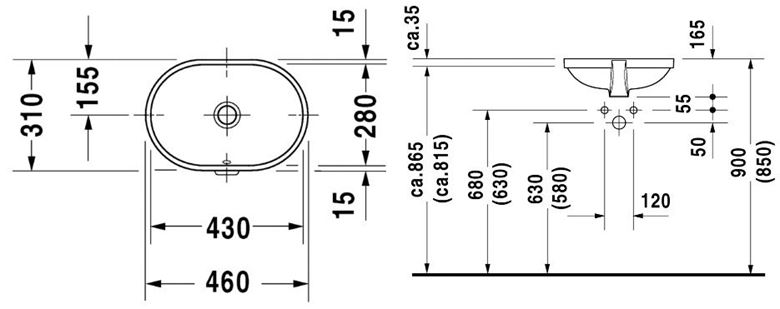 DURAVIT umývadlo 43 cm, s prepadom 0336430000 Technický nákres