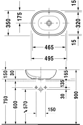 DURAVIT umývadlová misa 49,5 cm, s prepadom 0335500000 Technický nákres