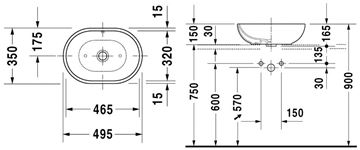 DURAVIT umývadlová misa 49,5 cm, s prepadom, WonderGliss 03355000001 Technický nákres