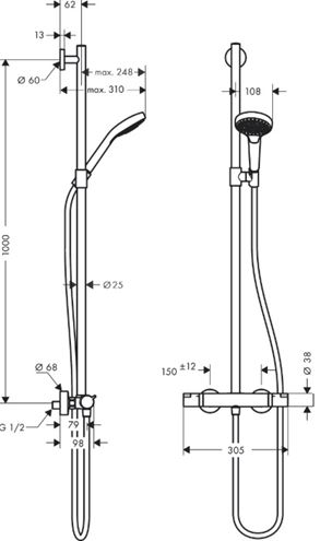 HANSGROHE CROMA SELECT S SEMIPIPE PIPE MULTI sprchový set s termostatickou batériou, ručná sprcha s 3 prúdmi, tyč, hadica, biela/chróm 27247400 Technický nákres