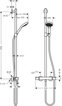 HANSGROHE CROMA SELECT S SEMIPIPE PIPE MULTI sprchový set s termostatickou batériou, ručná sprcha s 3 prúdmi, tyč, hadica, biela/chróm 27247400 Technický nákres