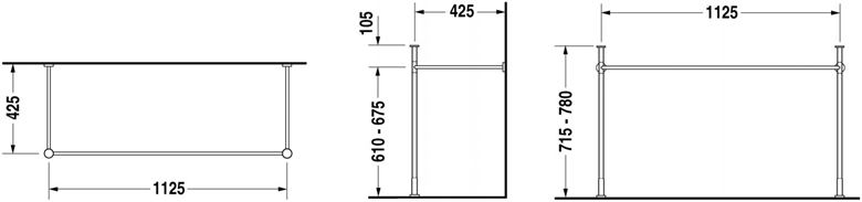 DURAVIT VERO kovový podstavec 1125x425x715-780mm, pre umývadlo, chróm 0030741000 Technický nákres