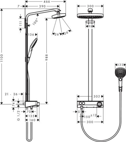 HANSGROHE RAINDANCE SELECT E SHOWERPIPE 300 sprchový set s termostatickou batériou, horná sprcha, ručná sprcha s 3 prúdmi, tyč, hadica, držiak, chróm 27126000 Technický nákres