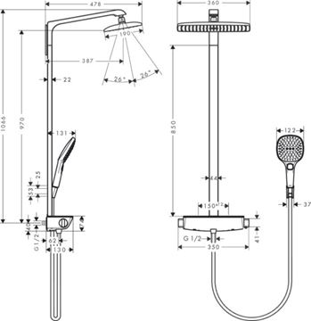 HANSGROHE RAINDANCE E SHOWERPIPE 360 sprchový set s termostatickou batériou, horná sprcha, ručná sprcha s 3 prúdmi, tyč, hadica, EcoSmart, chróm 27286000 Technický nákres