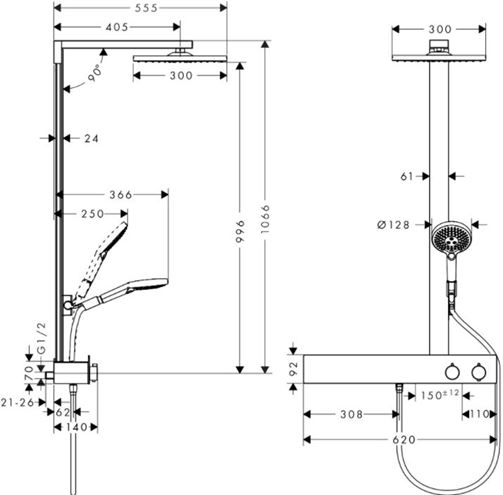 HANSGROHE RAINDANCE E SHOWEPIPE 300 sprchový set s termostatom, horná sprcha, ručná sprcha s 3 prúdmi, EcoSmart, chróm 27364000 Technický nákres