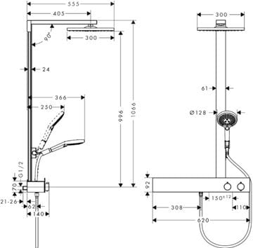 HANSGROHE RAINDANCE E SHOWEPIPE 300 sprchový set s termostatom, horná sprcha, ručná sprcha s 3 prúdmi, EcoSmart, chróm 27364000 Technický nákres