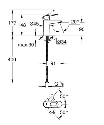 GROHE BAULOOP umývadlová stojanková batéria, chróm 23337000 Technický nákres