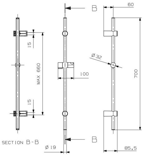 CONCEPT 100 sprchová tyč 700 mm s držiakom, chróm PM10077/CO Technický nákres
