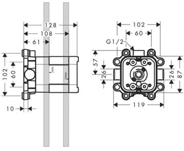 AXOR SHOWER SOLUTIONS 24x24 1JET základné teleso 119x128mm, horné sprchy 10921180 Technický nákres