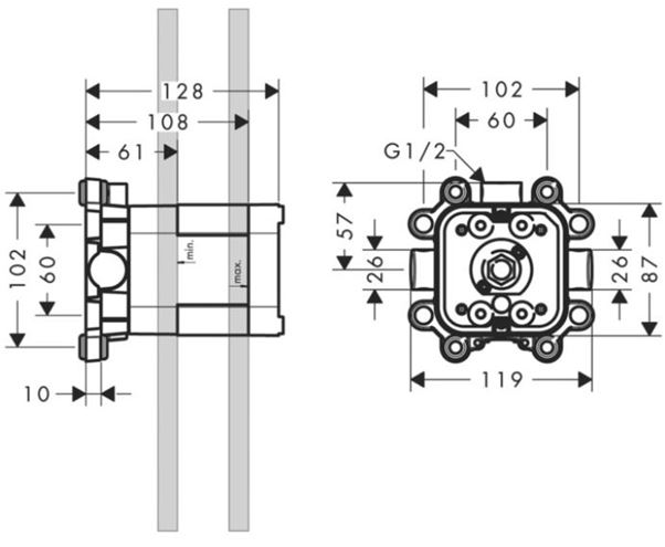 AXOR SHOWER SOLUTIONS 24x24 1JET základné teleso 119x128mm, horné sprchy 10921180 Technický nákres
