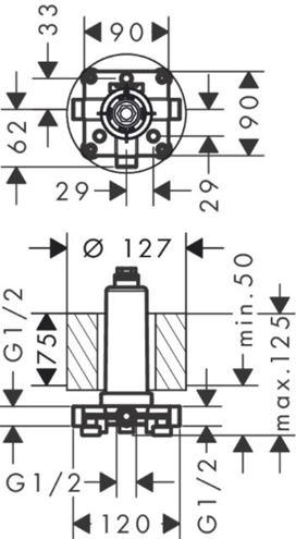 HANSGROHE RAINMAKER SELECT podomietkové teleso G 1/2 24010180 Technický nákres