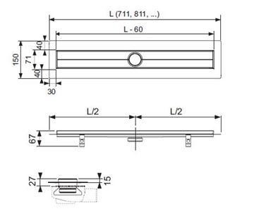 TECE DRAINLINE sprchový žľab 700 mm, do priestoru, bez odtoku, bez roštu, nerez oceľ 600700 Technický nákres