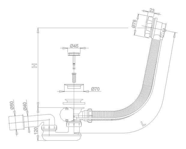 CONCEPT vaňový sifón 57 cm, bovden, chróm PT10055K Technický nákres