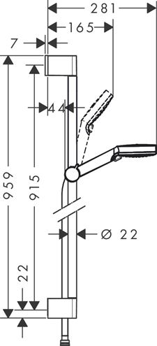 HANSGROHE CROMETTA VARIO 2JET sprchová súprava 3-dielna, ručná sprcha pr. 100 mm, 2 prúdy, tyč, hadica, biela/chróm 26536400 Technický nákres
