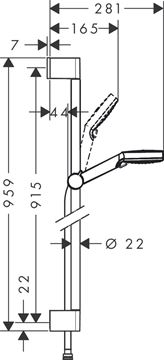 HANSGROHE CROMETTA VARIO 2JET sprchová súprava 3-dielna, ručná sprcha pr. 100 mm, 2 prúdy, tyč, hadica, biela/chróm 26536400 Technický nákres