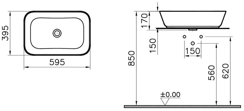 VITRA GEO umývadlo na dosku 59,5 cm, bez prepadu, brúsené, VitrAhygiene 7425B003-0016 Technický nákres
