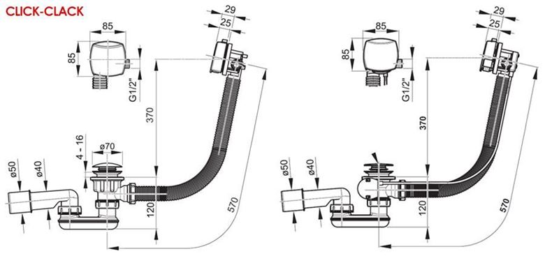 RAVAK vaňový sifón 57 cm, s napúšťaním prepadom, bovden, chróm X01438 Technický nákres