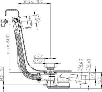 HL 560N.L vaňový sifón 80 cm, s napúšťaním prepadom, bovden, chróm HL560N.L Technický nákres