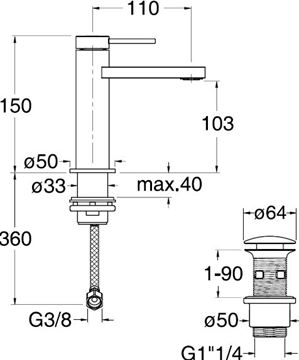 CRISTINA UNIX umývadlová stojanková batéria, s odtokovou súpravou, brushed stainless steel CRIUX22028 Technický nákres