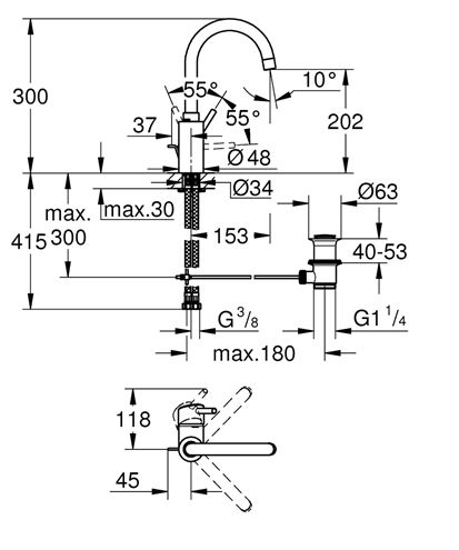 GROHE CONCETTO umývadlová stojanková batéria, s odtokovou súpravou, chróm 32629002 Technický nákres