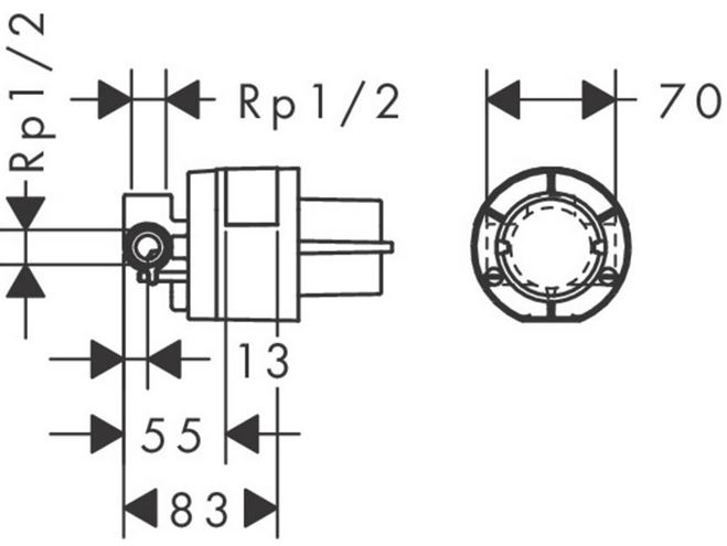 HANSGROHE podomietkové teleso DN15 13620180 Technický nákres