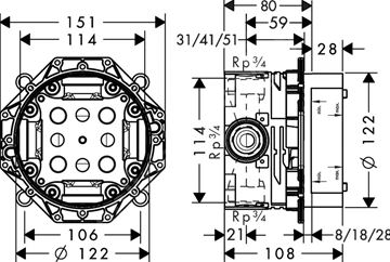 AXOR IBOX UNIVERSAL podomietkové teleso DN15/DN20 01700180 Technický nákres