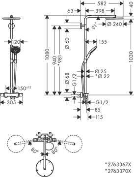 HANSGROHE RAINDANCE S SHOWEPIPE 240 sprchový set s termostatickou batériou, horná sprcha, ručná sprcha s 3 prúdmi, tyč, hadica, chróm 27633000 Technický nákres