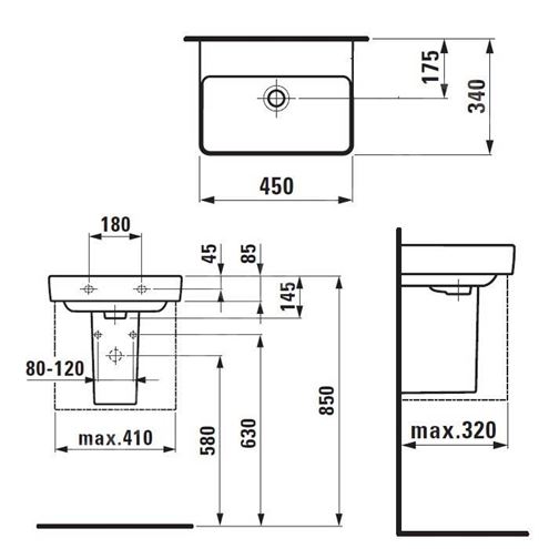 LAUFEN PRO S umývadielko 45 cm, s prepadom H8159610001091 Technický nákres