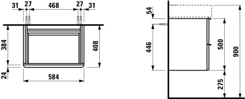 LAUFEN SPACE skrinka pod umývadlo 58,4x40,8x50 cm, 2 zásuvky, matná biela H4101421601001 Technický nákres