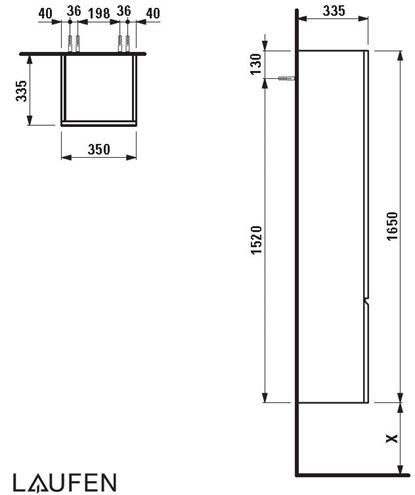 LAUFEN PRO S vysoká skrinka 35x33,5x165 cm, 1 dvierka, pánty vľavo, biela H4831210954631 Technický nákres