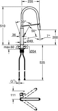 GROHE CONCETTO drezová batéria, s flexi ramienkom a sprškou, chróm / čierna 31491000 Technický nákres